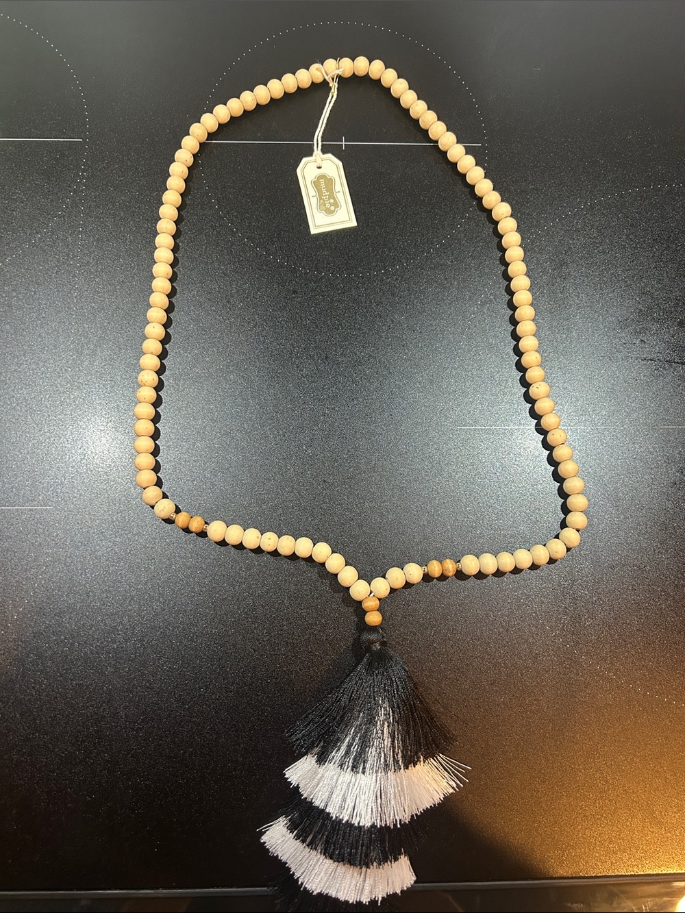 Mud Pie Natural Wood Bead Necklace with Black & White Tiered Tassel